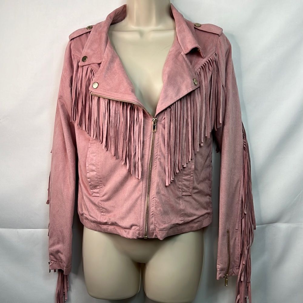 Curations Caravan Soft Pink fringed Faux Suede Moto Jacket size XS EUC